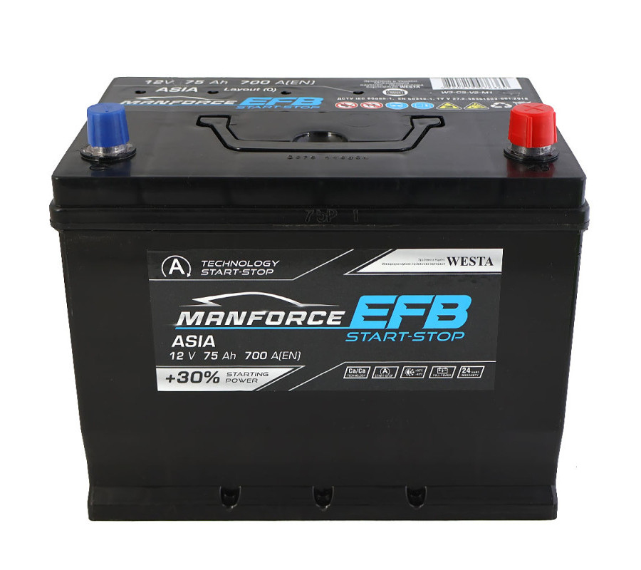 Автомобильный аккумулятор WESTA MANFORCE EFB Asia 75Ah 700A R+